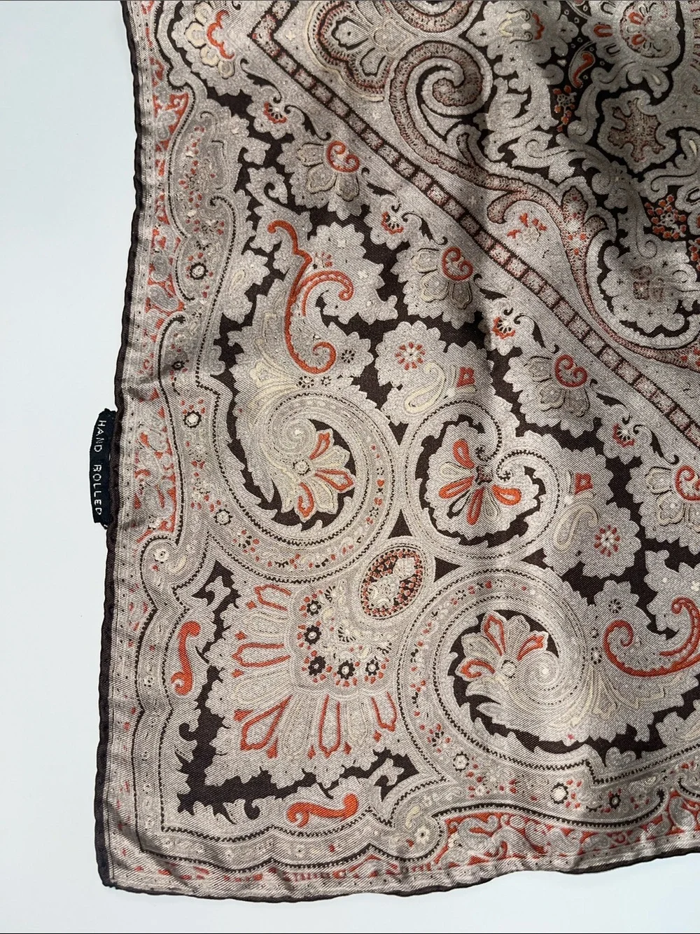 Source Unknown Taupe and Coral Paisley Square Silk Scarf
